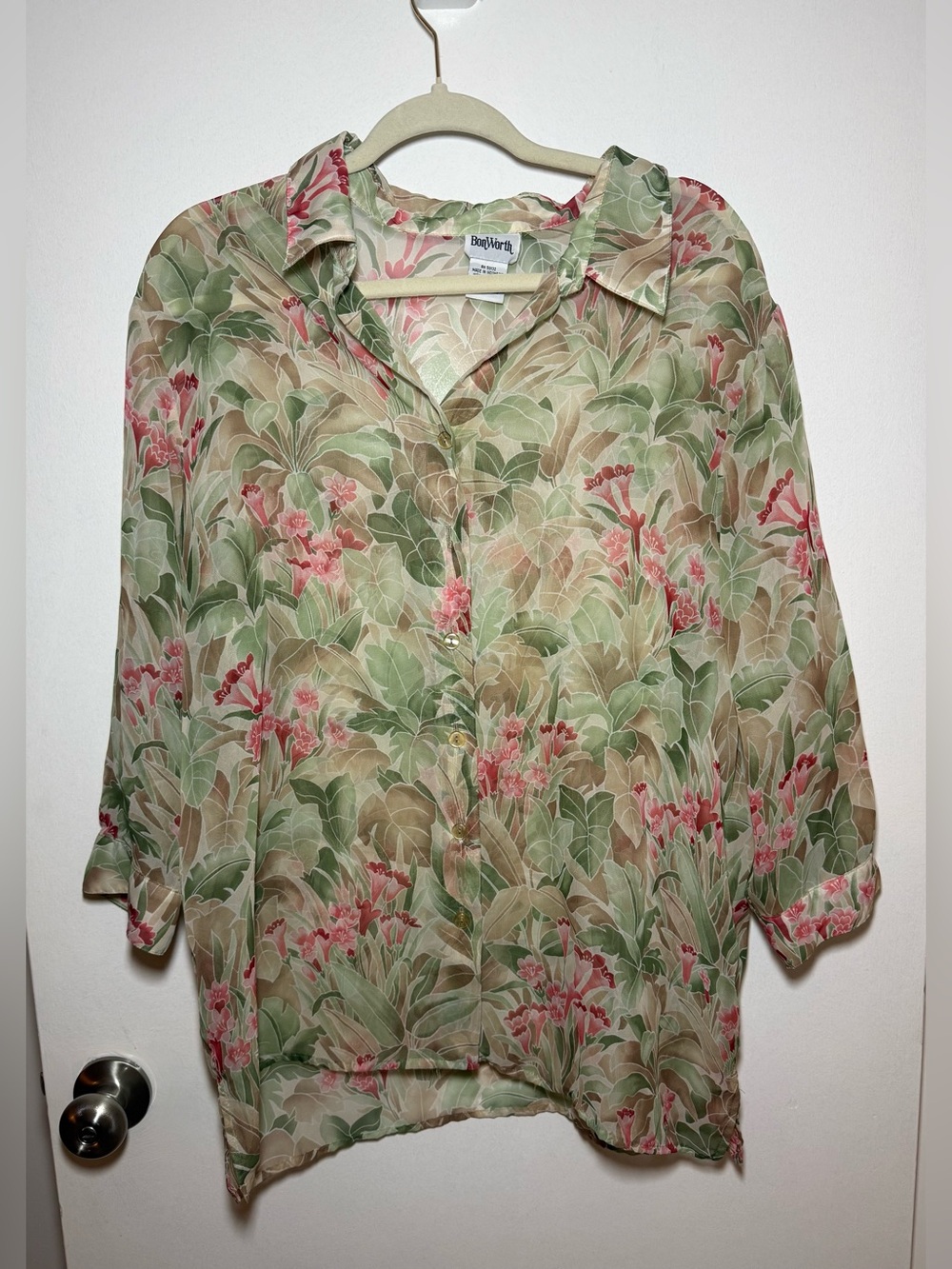 Vintage BonWorth Floral Chiffon Sheer Lightweight Collar Button Up Blouse Size L